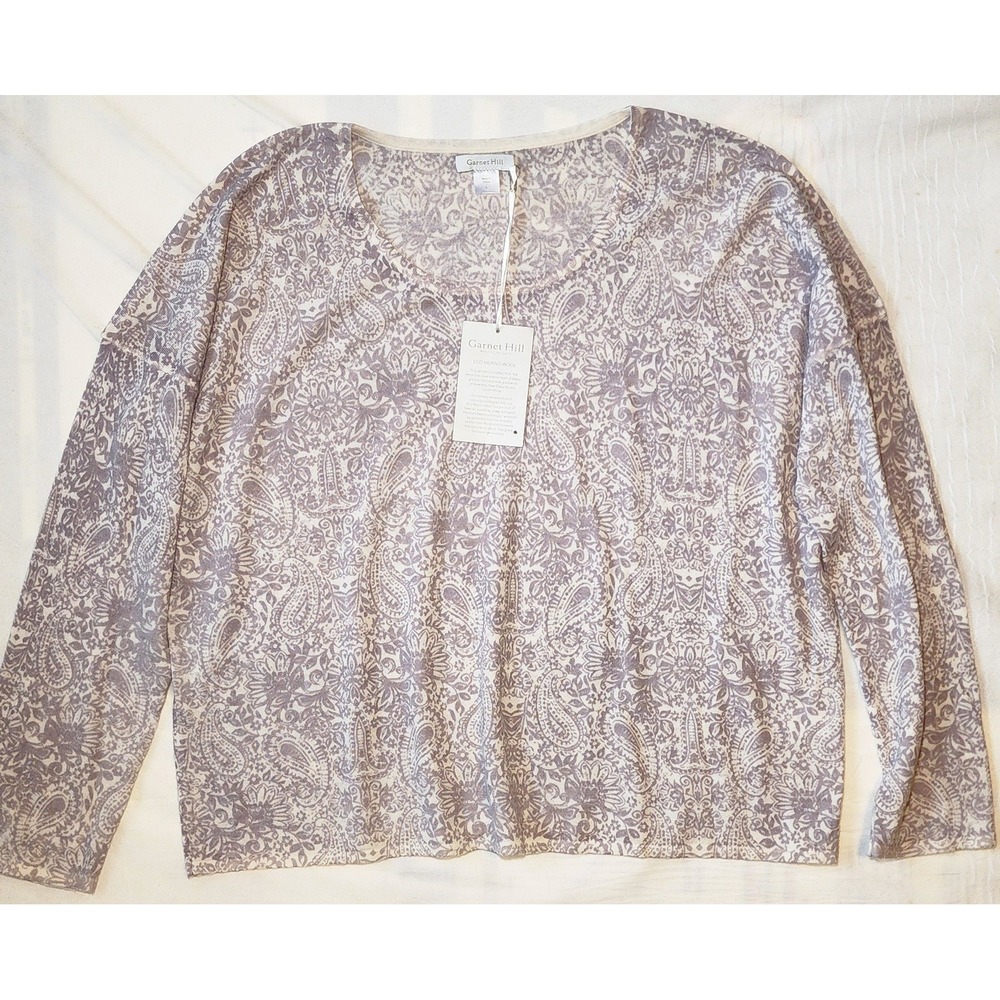 NWT Garnet Hill Eco Merino Wool Paisley Scoop Neck Sweater Lavender Cream Large